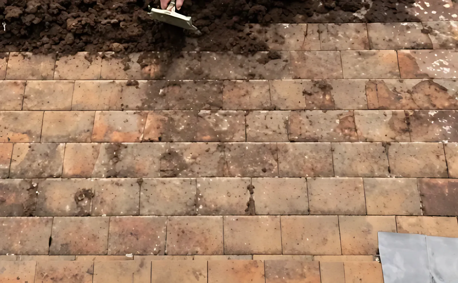 Brick paving stained with dirt before cleaning