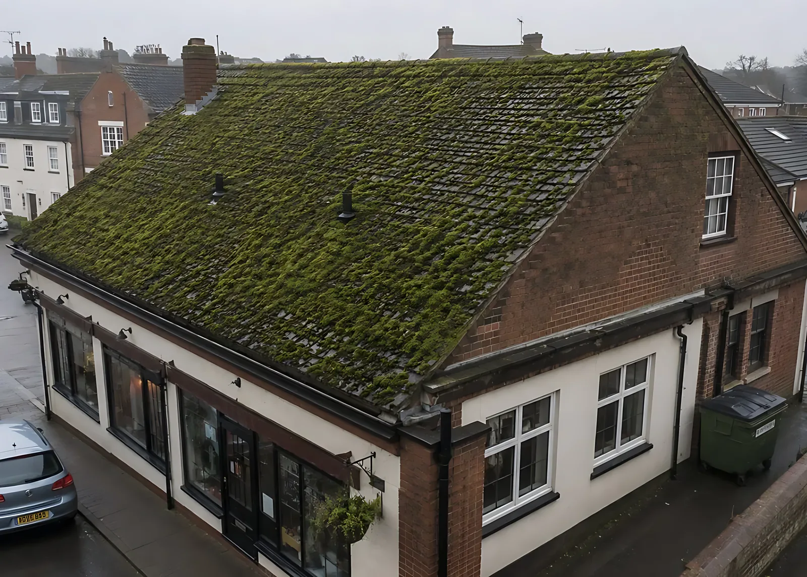 Commercial building roof and gutters from above