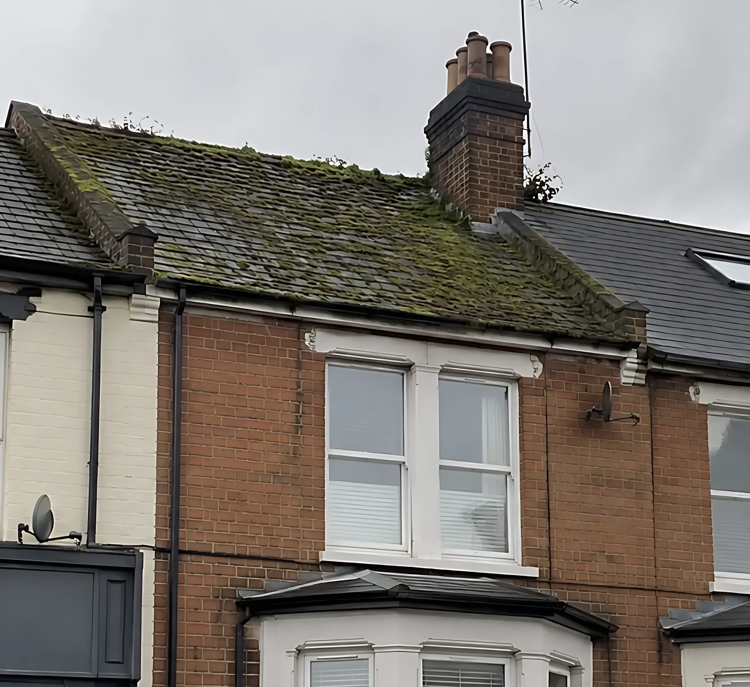 Terraced house roof thick with moss above the gutters