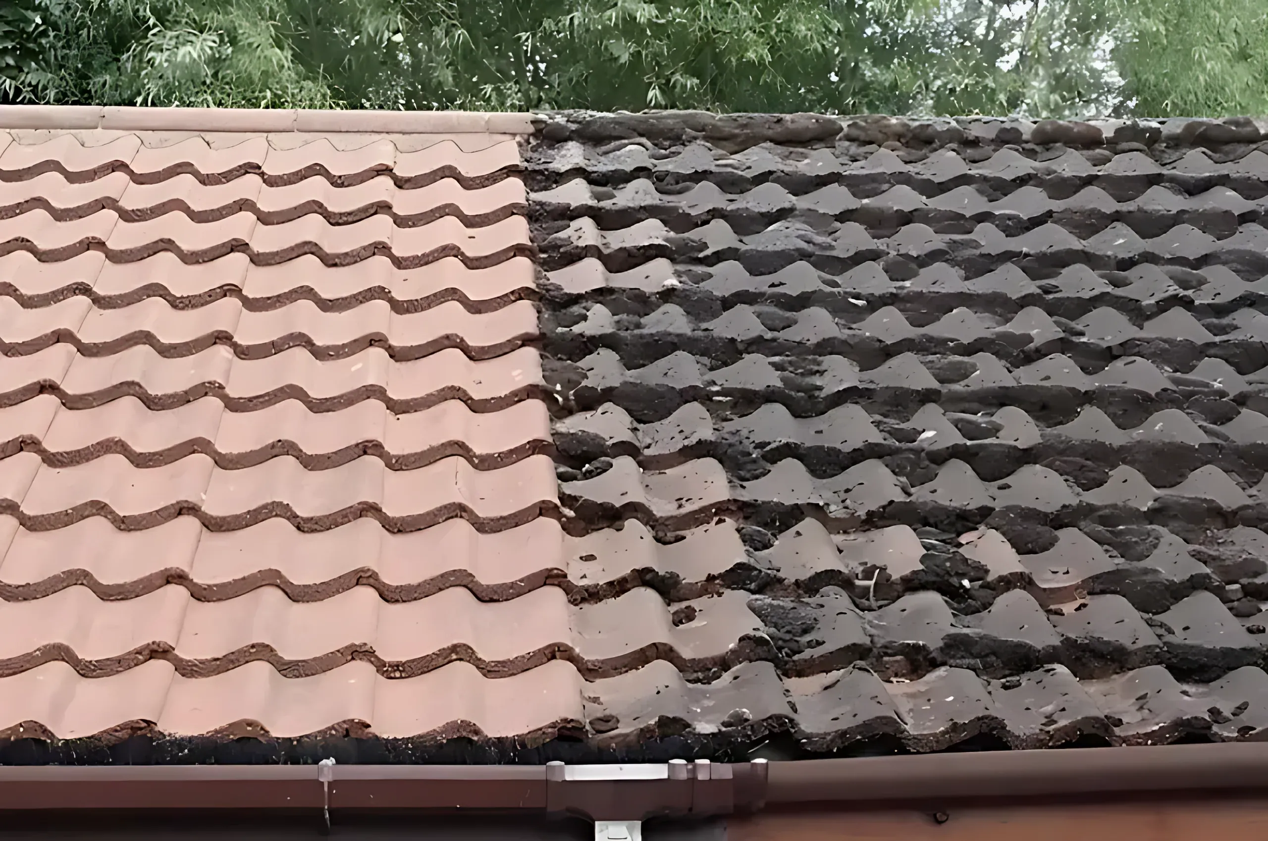 Red tiled roof half cleaned showing the difference