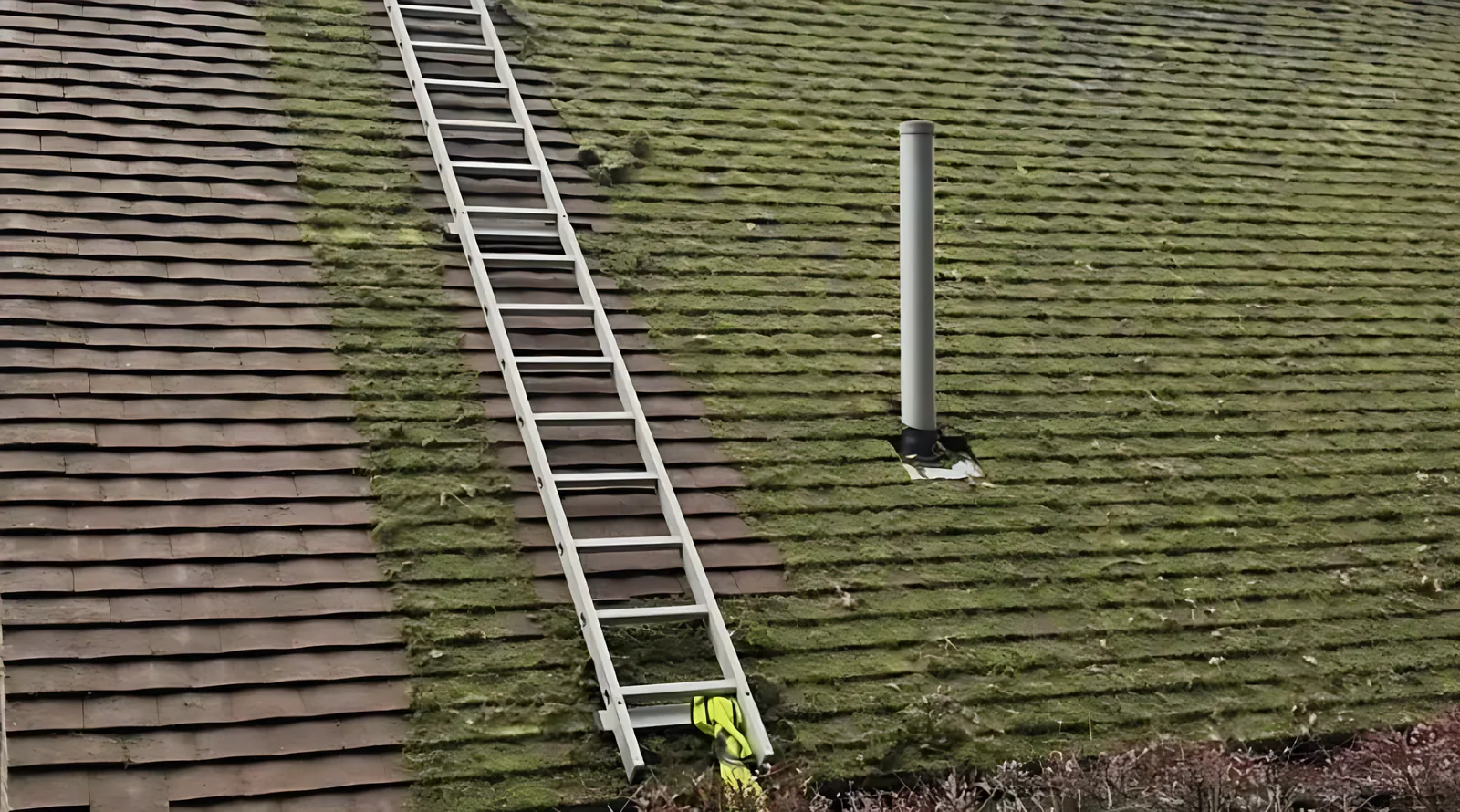 Mossy roof with a ladder ready for a full roof clean